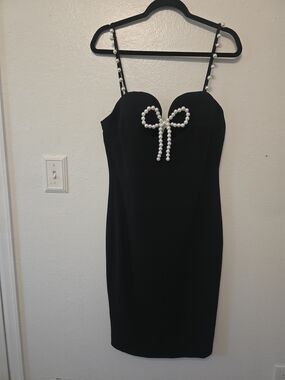 Fashion Nova Black Midi Dress with Pearl Bow